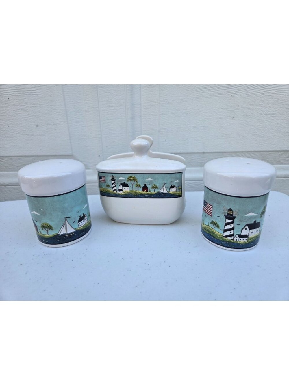 Coastal Breeze Ceramic Salt Pepper and Napkin Holder Set By Warren Kimble 1998 S